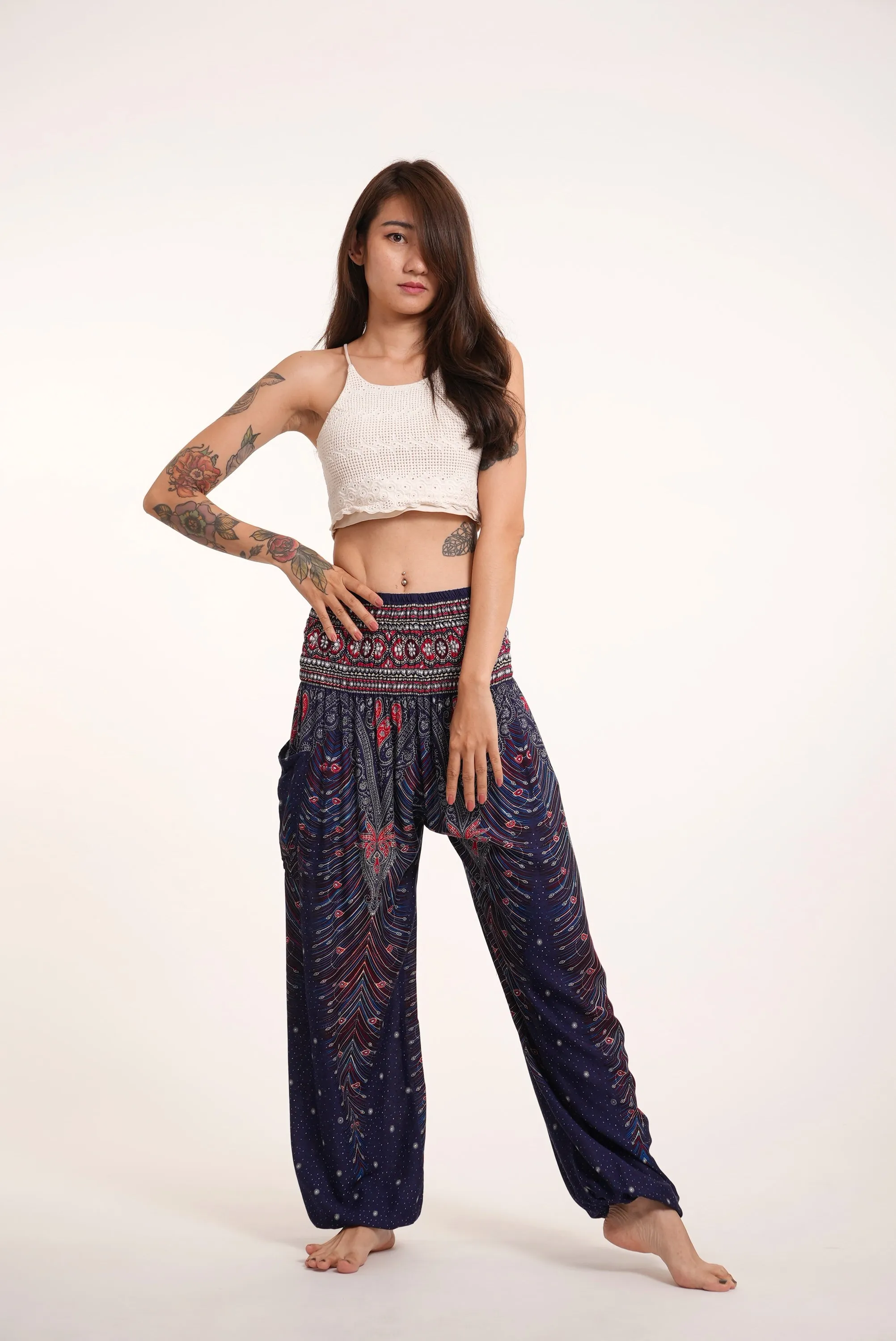 Peacock Feathers Unisex Harem Pants in Blue