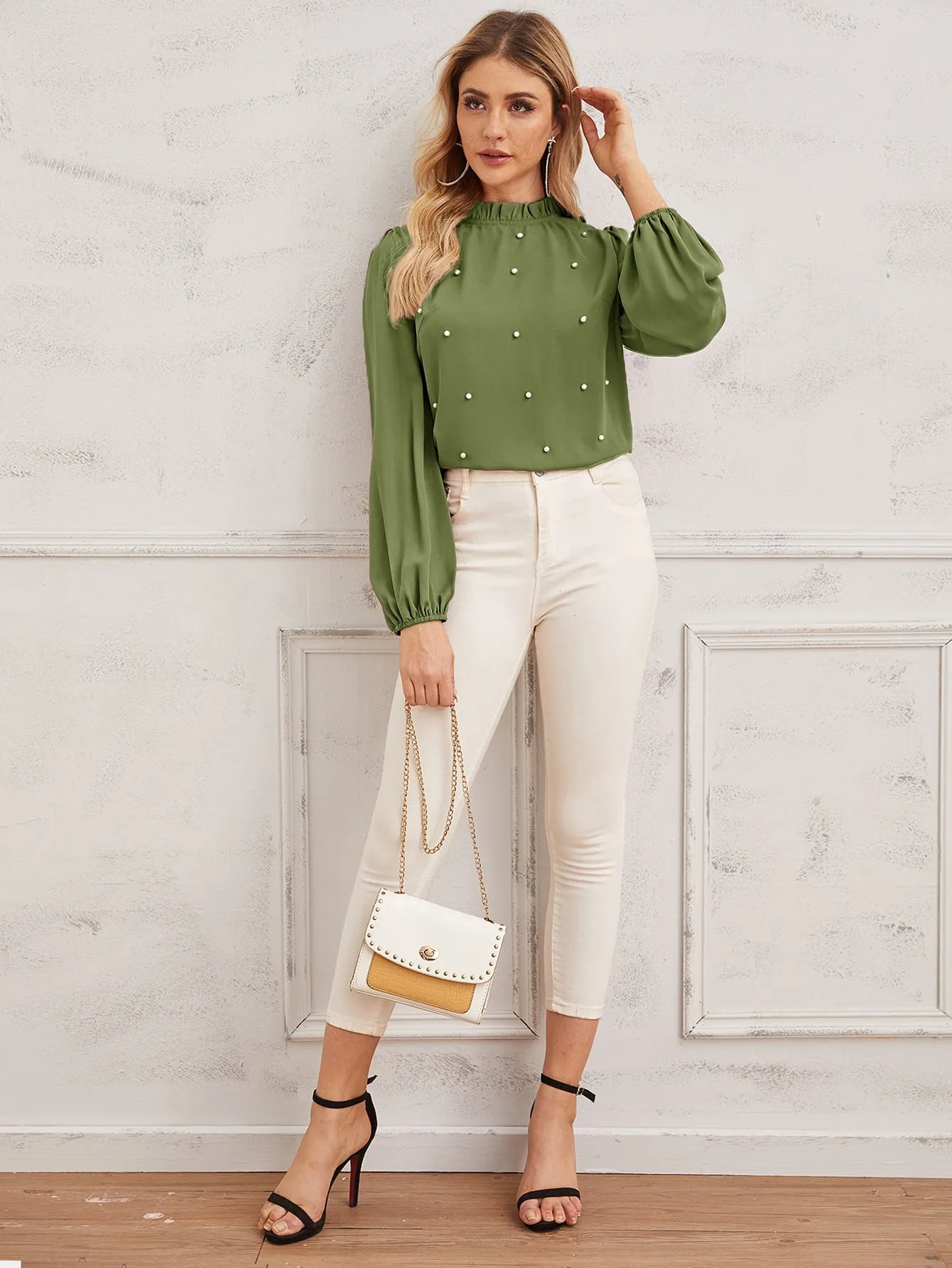 Pearl Beaded Frilled Neckline Lantern Sleeve Top