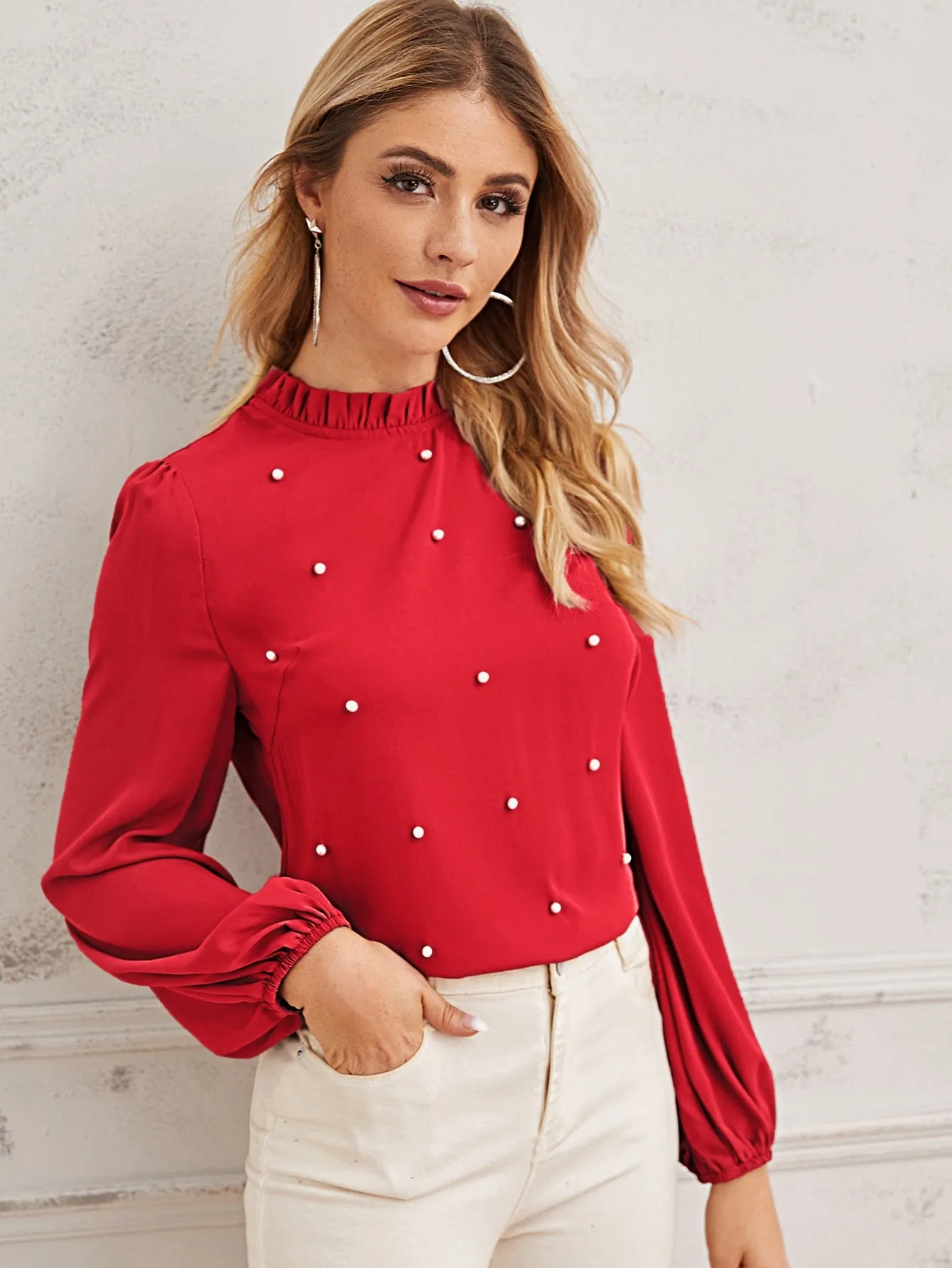 Pearl Beaded Frilled Neckline Lantern Sleeve Top
