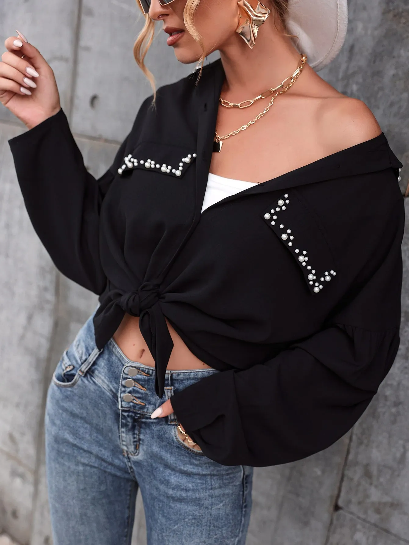 Pearls Beaded Drop Shoulder Blouse