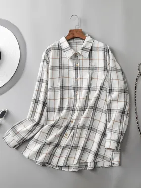Plaid Button Front Long Sleeve Collar Regular Plus Size Blouse