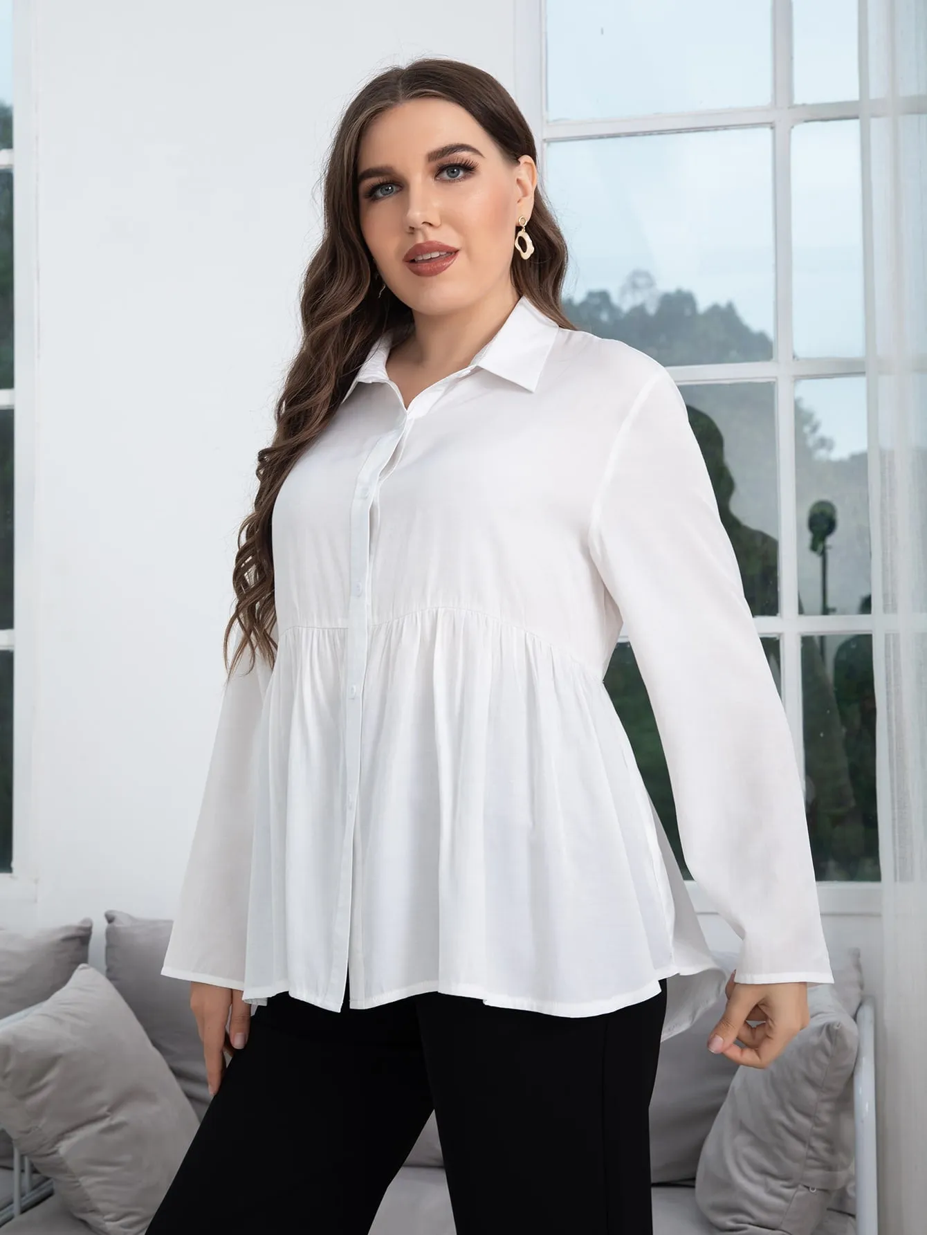Plain Button Front Long Sleeve Collar Flared Long Plus Size Blouse