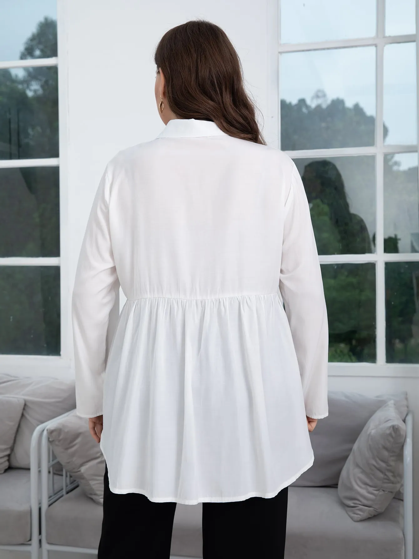 Plain Button Front Long Sleeve Collar Flared Long Plus Size Blouse