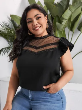 Plain Contrast Mesh Cap Sleeve Stand Collar Regular Plus Size Blouse