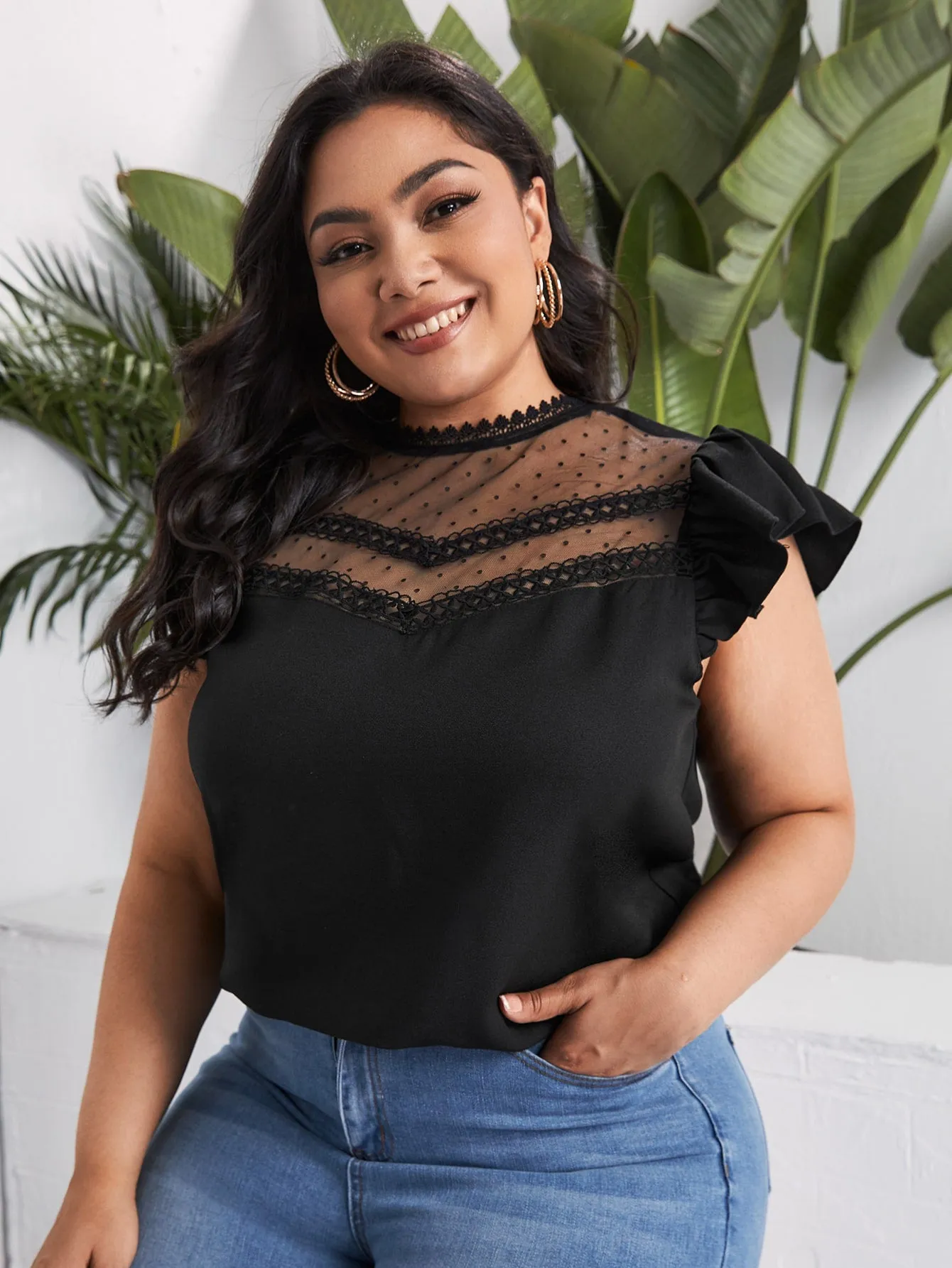 Plain Contrast Mesh Cap Sleeve Stand Collar Regular Plus Size Blouse