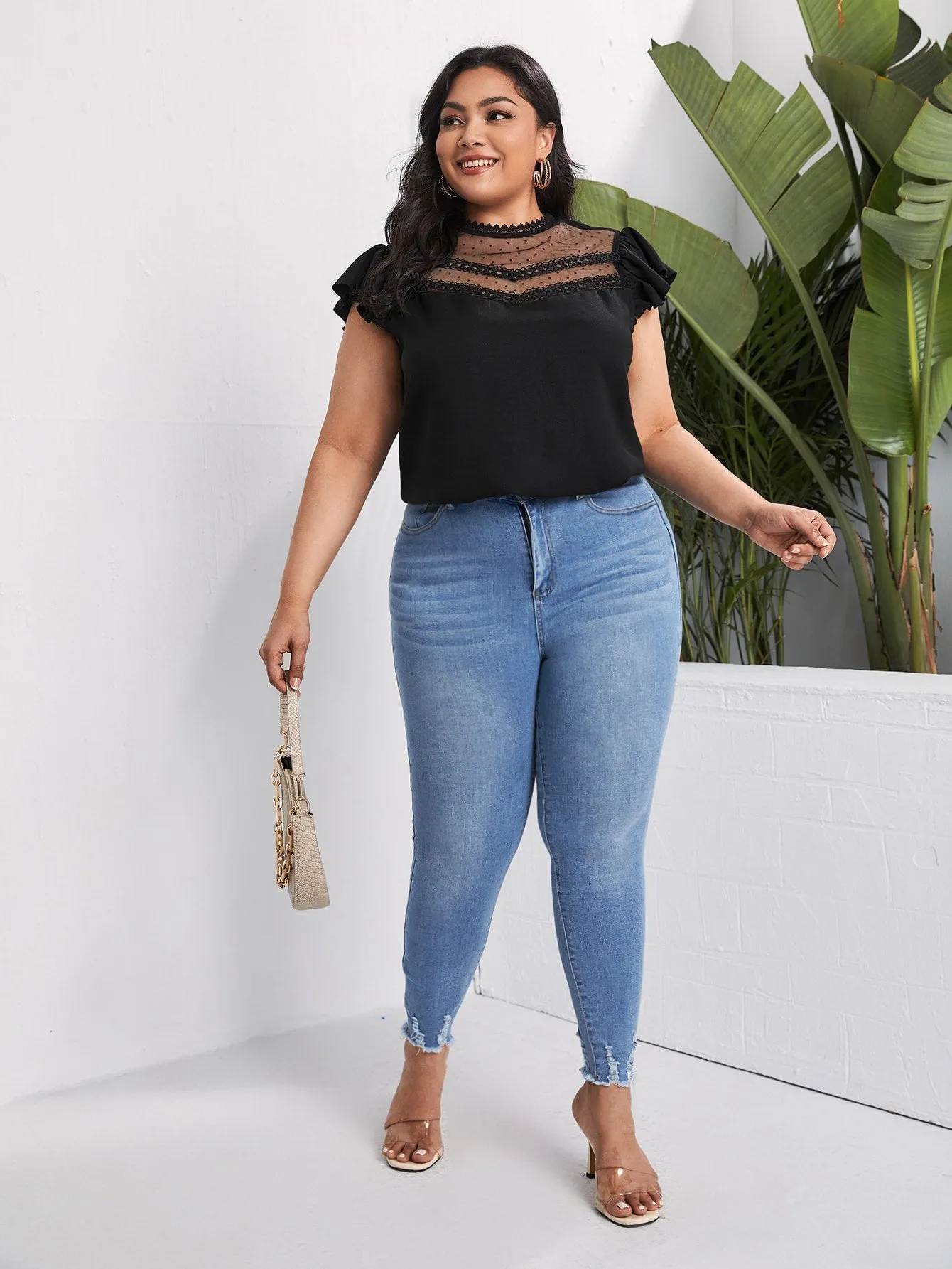 Plain Contrast Mesh Cap Sleeve Stand Collar Regular Plus Size Blouse