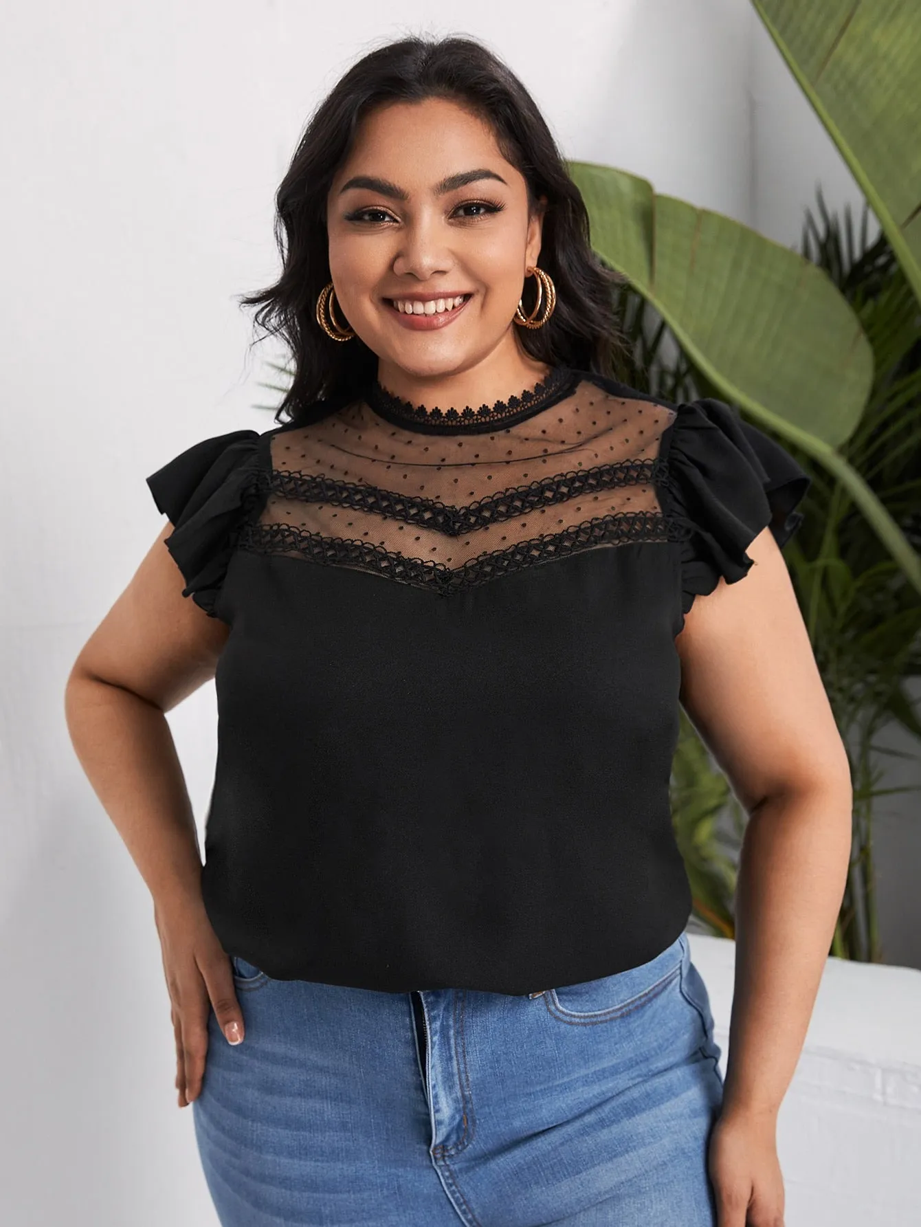 Plain Contrast Mesh Cap Sleeve Stand Collar Regular Plus Size Blouse