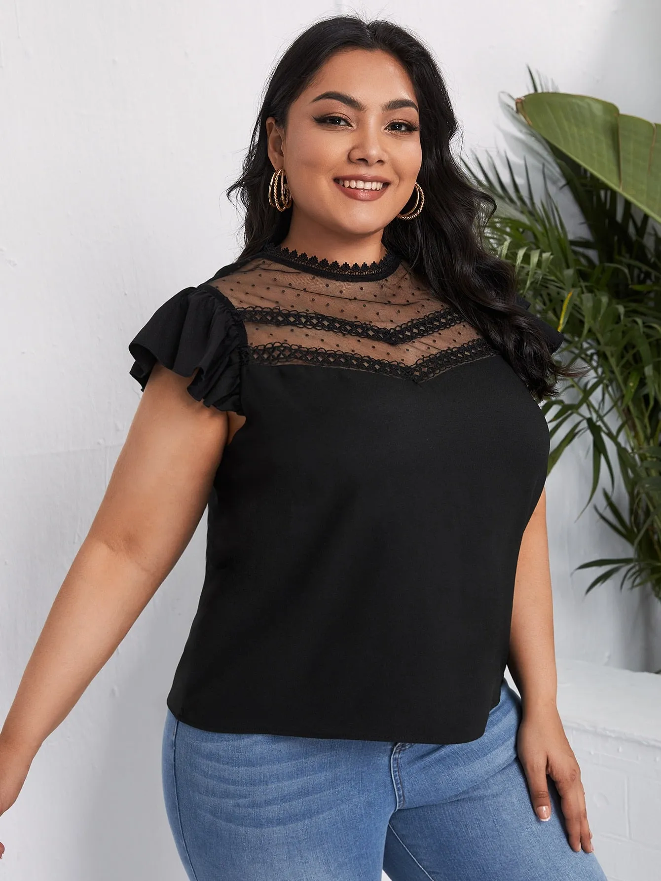 Plain Contrast Mesh Cap Sleeve Stand Collar Regular Plus Size Blouse