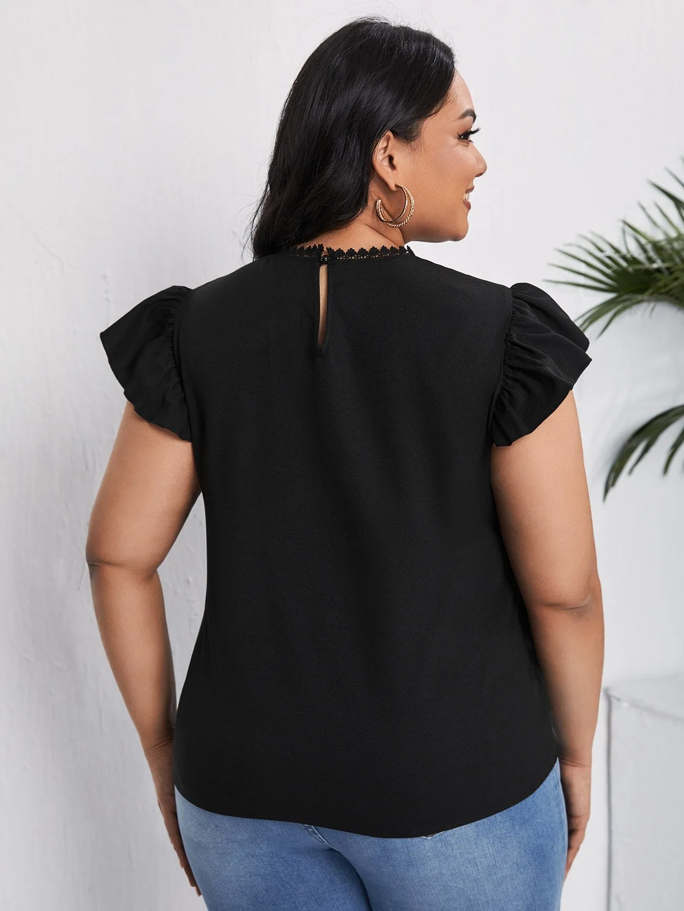 Plain Contrast Mesh Cap Sleeve Stand Collar Regular Plus Size Blouse