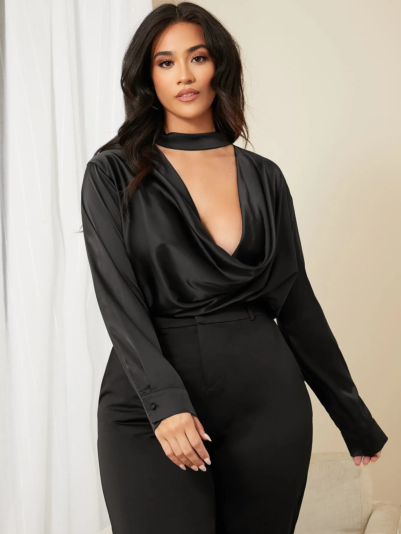 Plain Draped Long Sleeve Keyhole Neckline Regular Plus Size Blouse