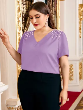 Plain Pearls Short Sleeve V Neck Regular Plus Size Blouse