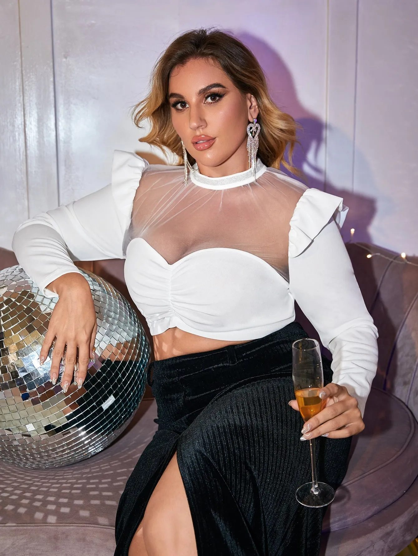 Plain Sheer Long Sleeve Stand Collar Crop Plus Size Blouse