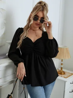 Plain Shirred Long Sleeve Sweetheart Regular Plus Size Blouse