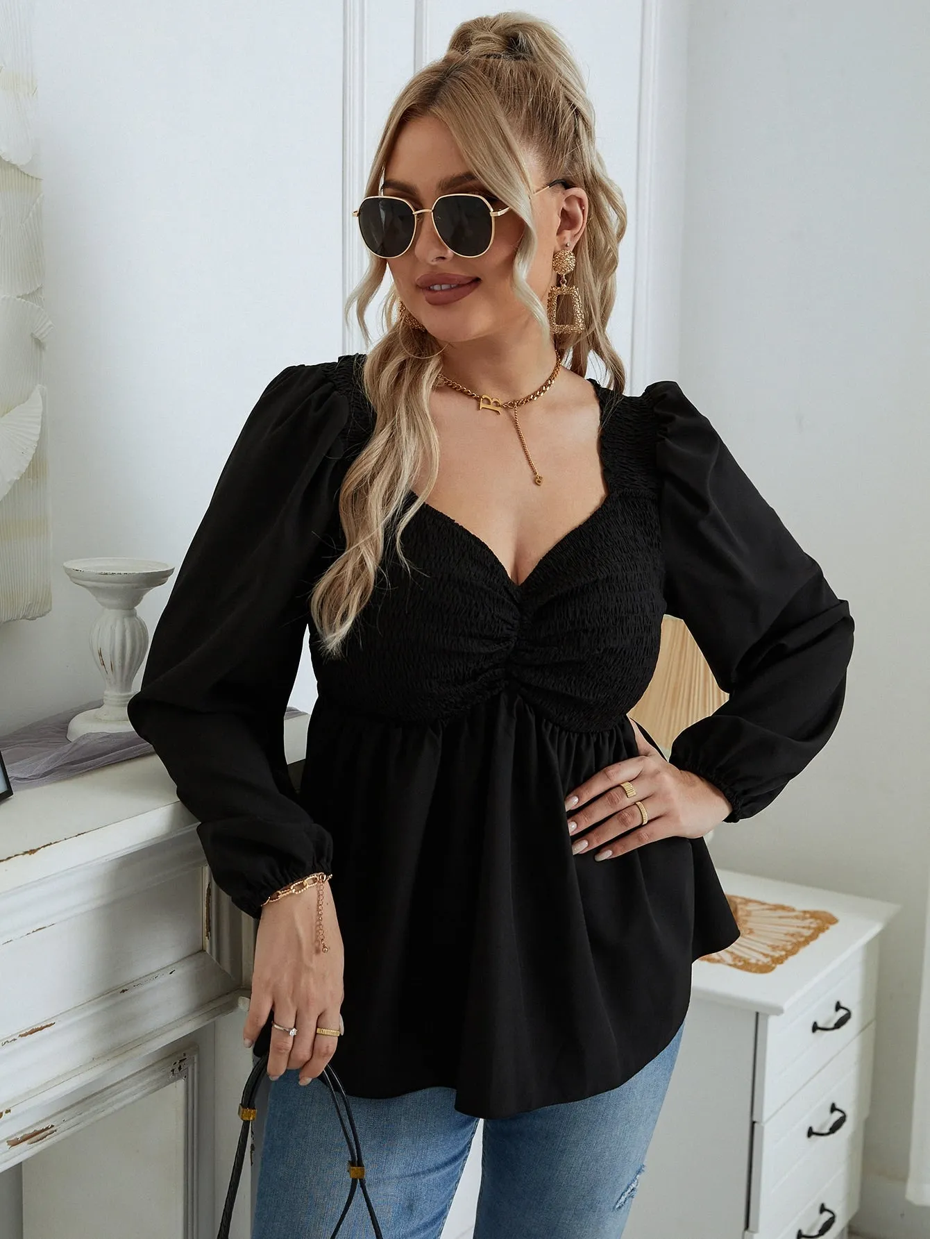 Plain Shirred Long Sleeve Sweetheart Regular Plus Size Blouse