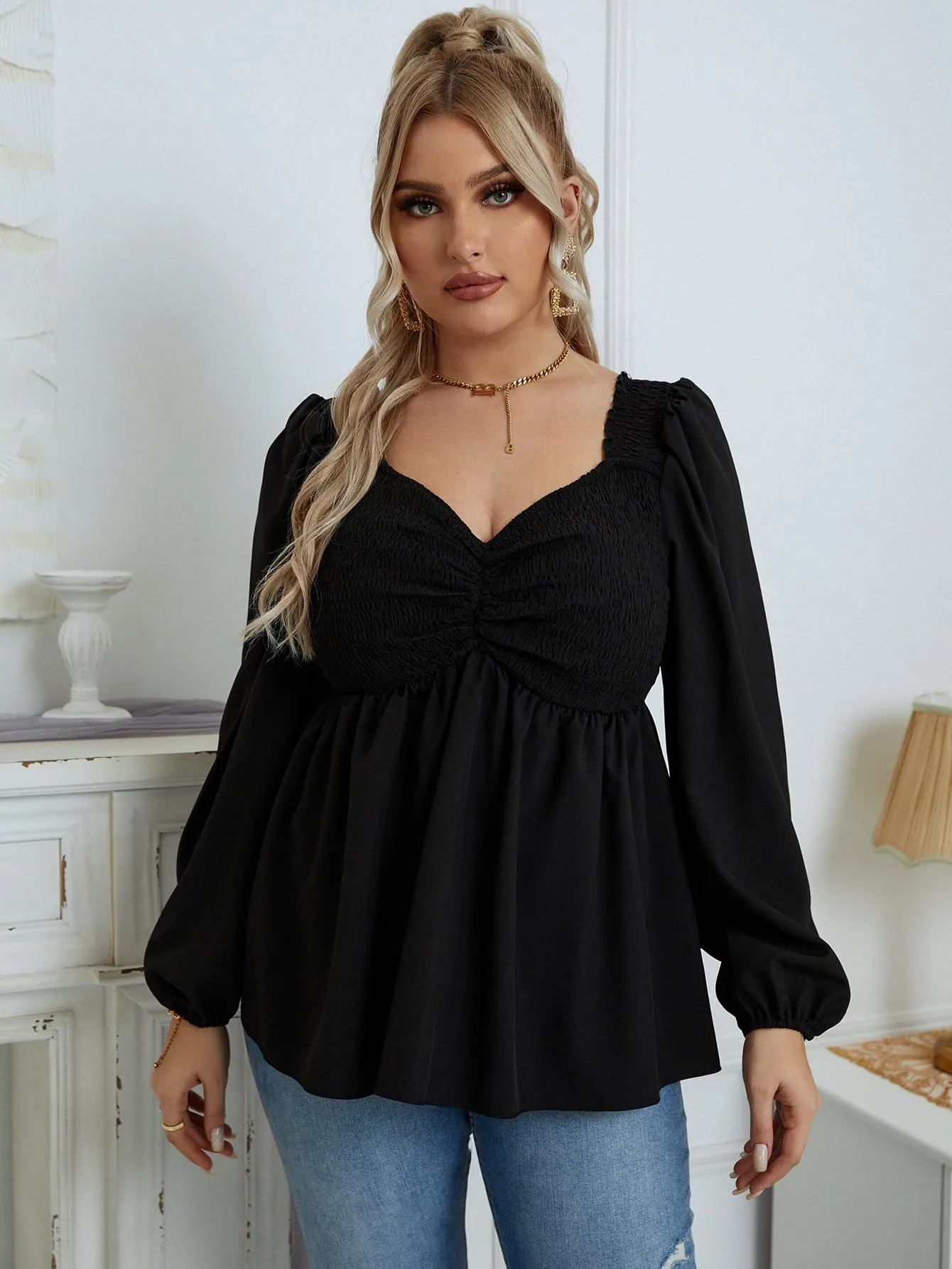 Plain Shirred Long Sleeve Sweetheart Regular Plus Size Blouse