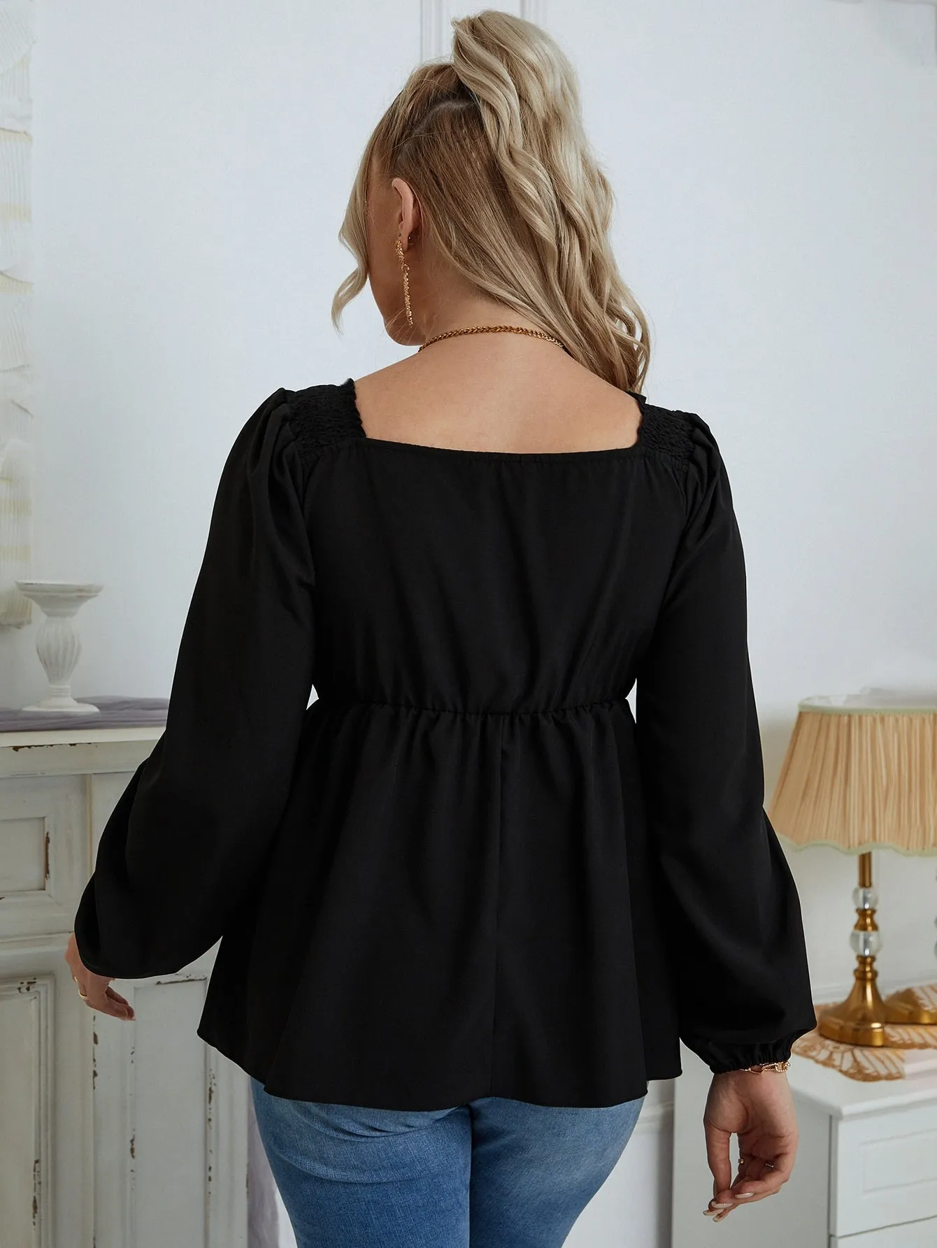 Plain Shirred Long Sleeve Sweetheart Regular Plus Size Blouse