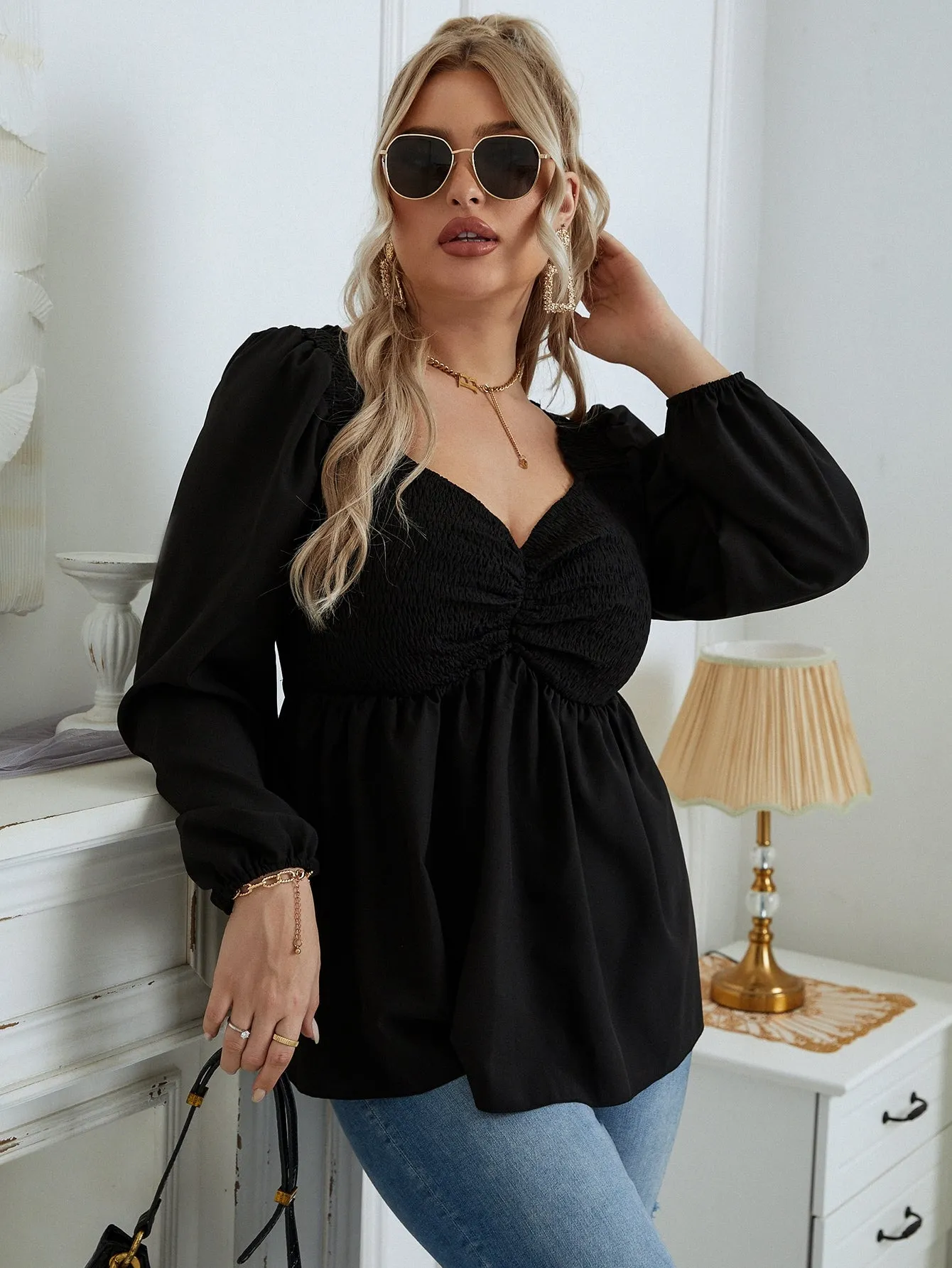 Plain Shirred Long Sleeve Sweetheart Regular Plus Size Blouse