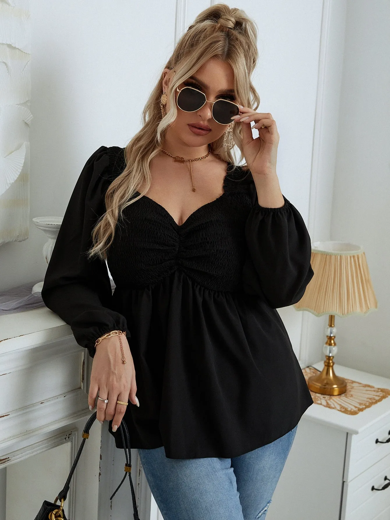 Plain Shirred Long Sleeve Sweetheart Regular Plus Size Blouse
