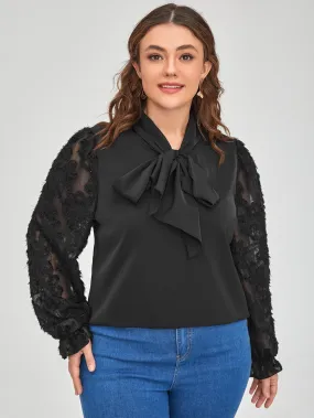 Plain Tie Front Long Sleeve Tie Neck Regular Plus Size Blouse