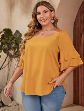 Plain Tiered Layer Half Sleeve Scoop Neck Regular Plus Size Blouse