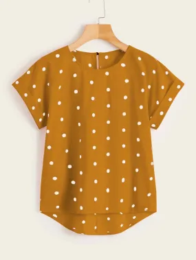 Polka Dot High Low Short Sleeve Round Neck Regular Plus Size Blouse