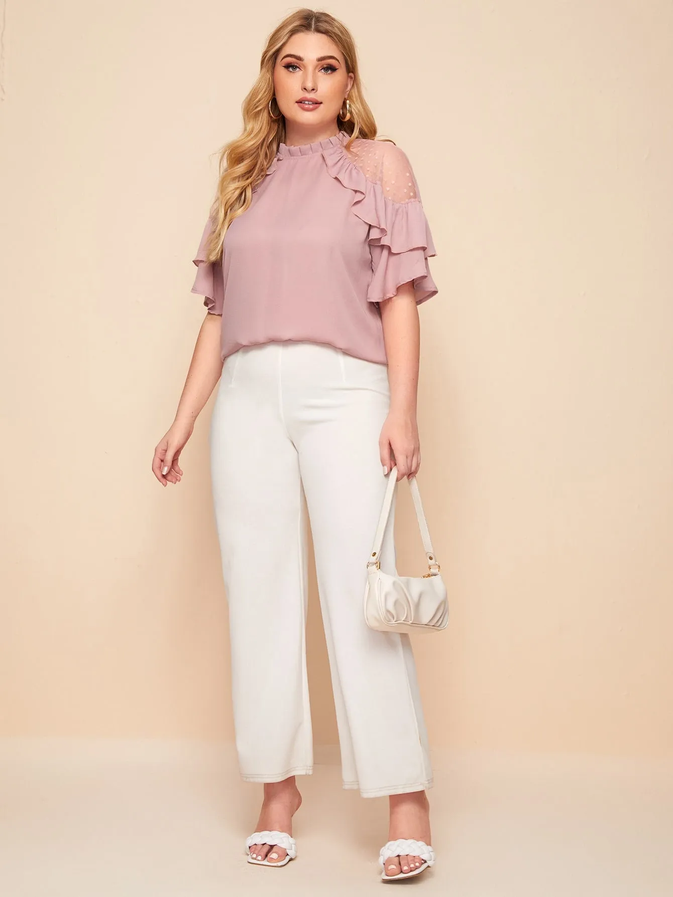 Polka Dot Sheer Half Sleeve Stand Collar Regular Plus Size Blouse