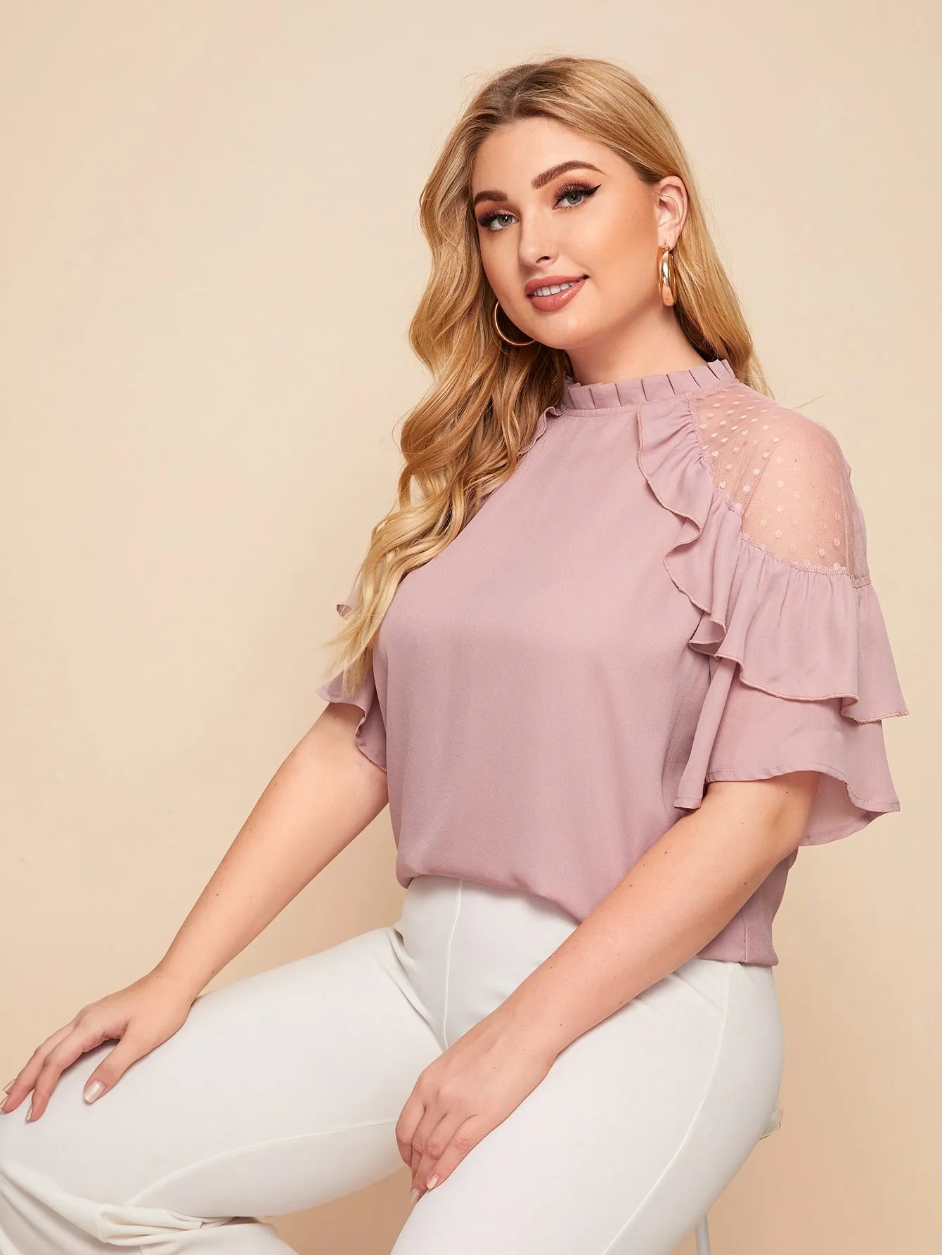 Polka Dot Sheer Half Sleeve Stand Collar Regular Plus Size Blouse