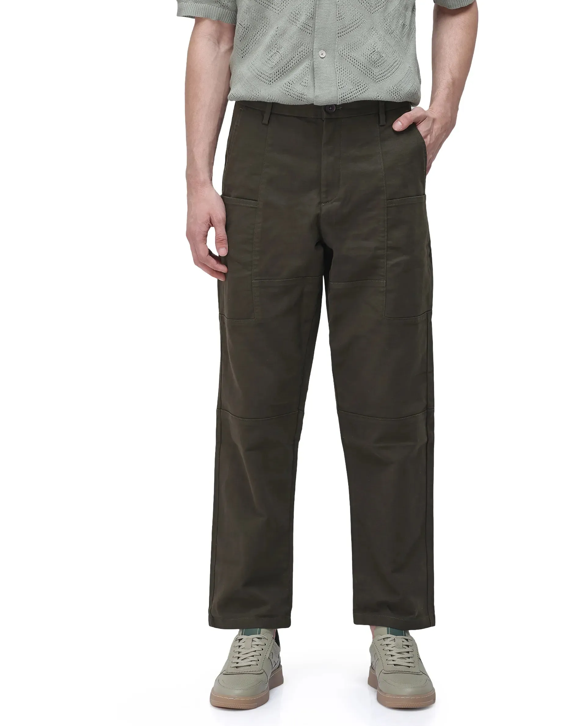 Rare Rabbit Men's Petro Dark Olive Cotton Elastane Fabric Straight Fit Cargo Style Trouser