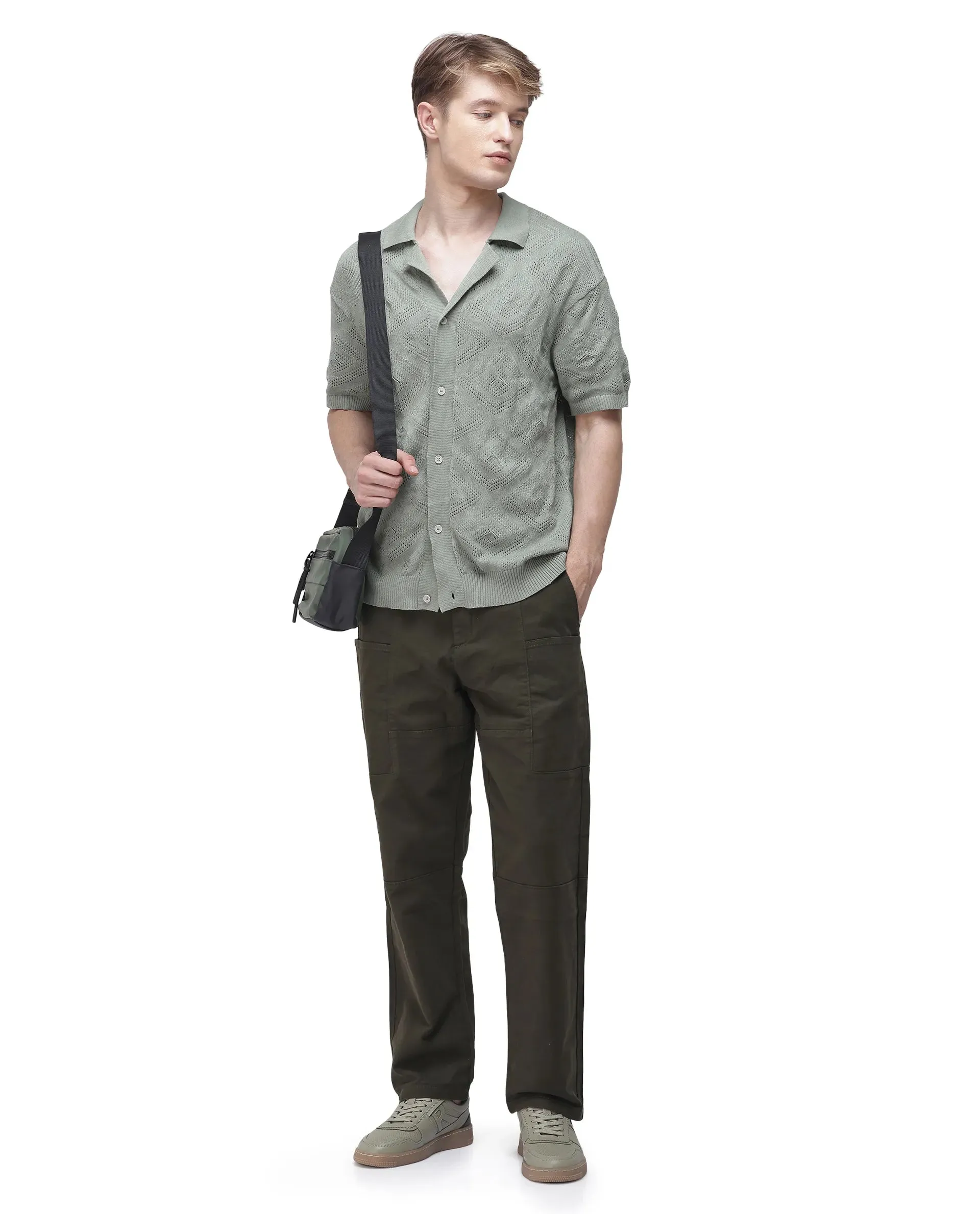 Rare Rabbit Men's Petro Dark Olive Cotton Elastane Fabric Straight Fit Cargo Style Trouser