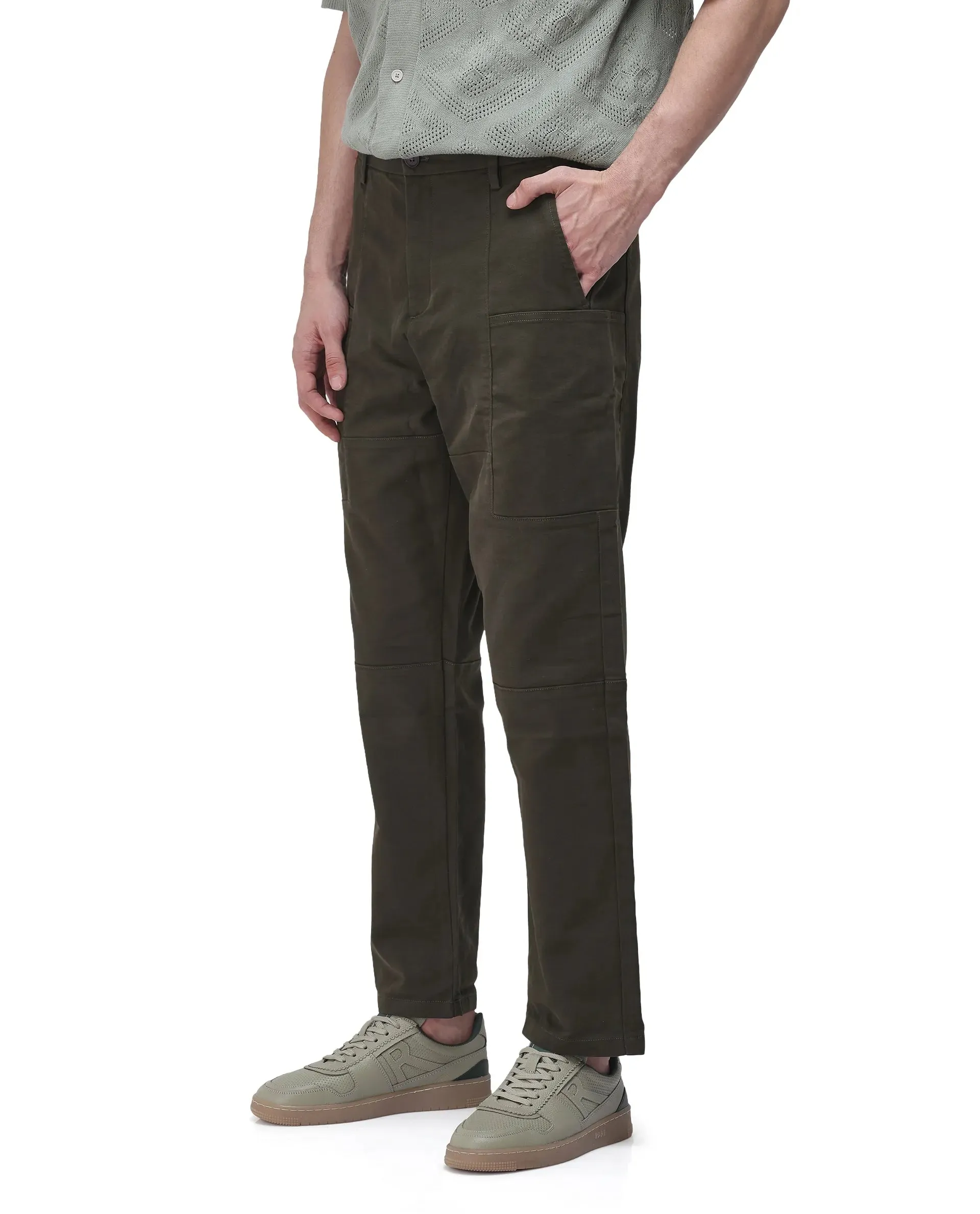 Rare Rabbit Men's Petro Dark Olive Cotton Elastane Fabric Straight Fit Cargo Style Trouser