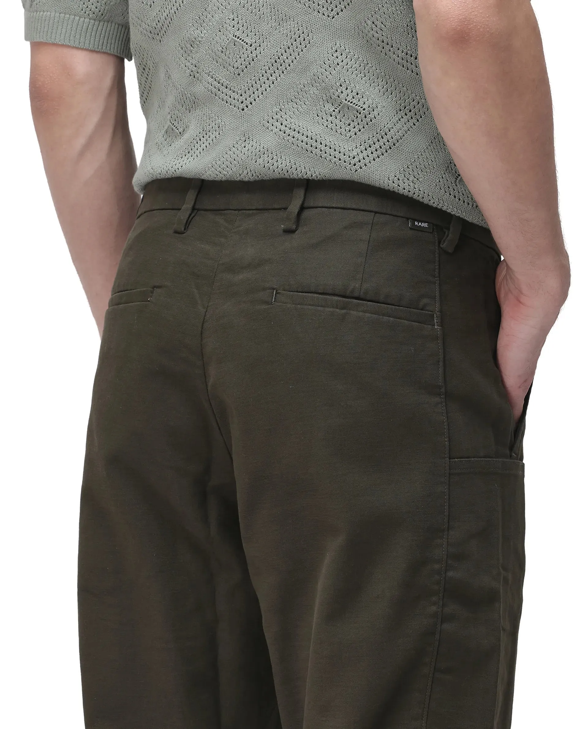 Rare Rabbit Men's Petro Dark Olive Cotton Elastane Fabric Straight Fit Cargo Style Trouser