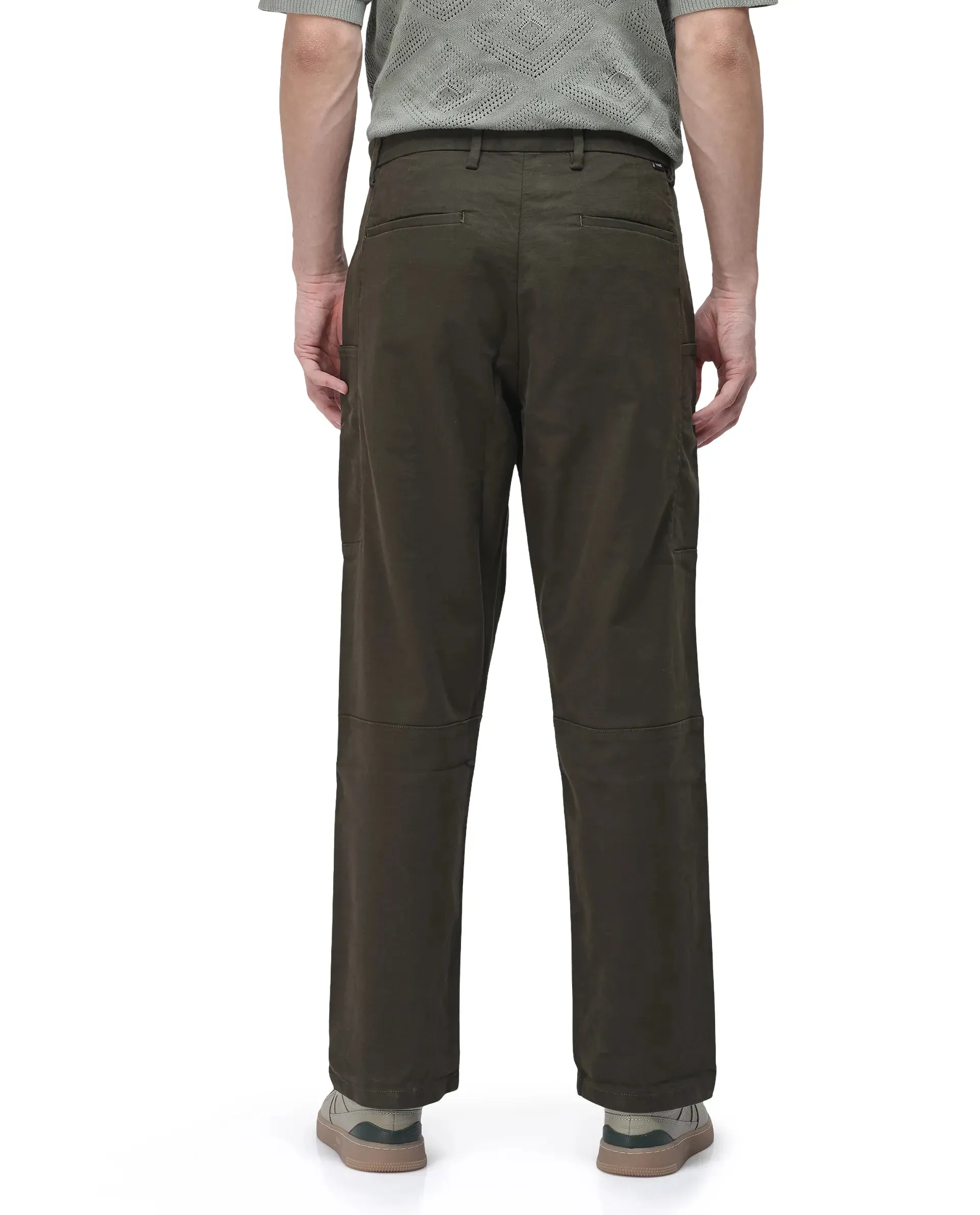 Rare Rabbit Men's Petro Dark Olive Cotton Elastane Fabric Straight Fit Cargo Style Trouser
