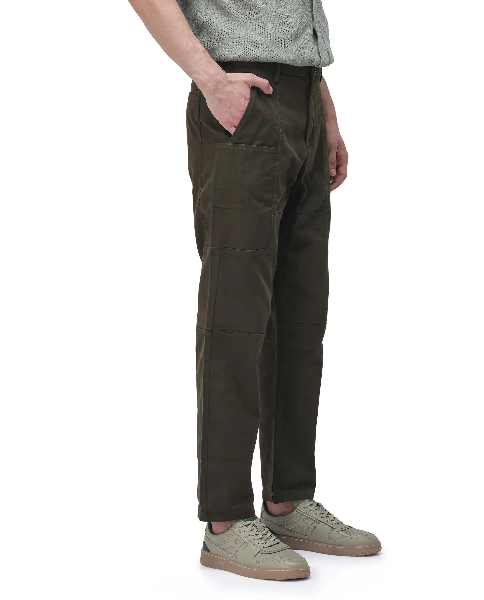 Rare Rabbit Men's Petro Dark Olive Cotton Elastane Fabric Straight Fit Cargo Style Trouser