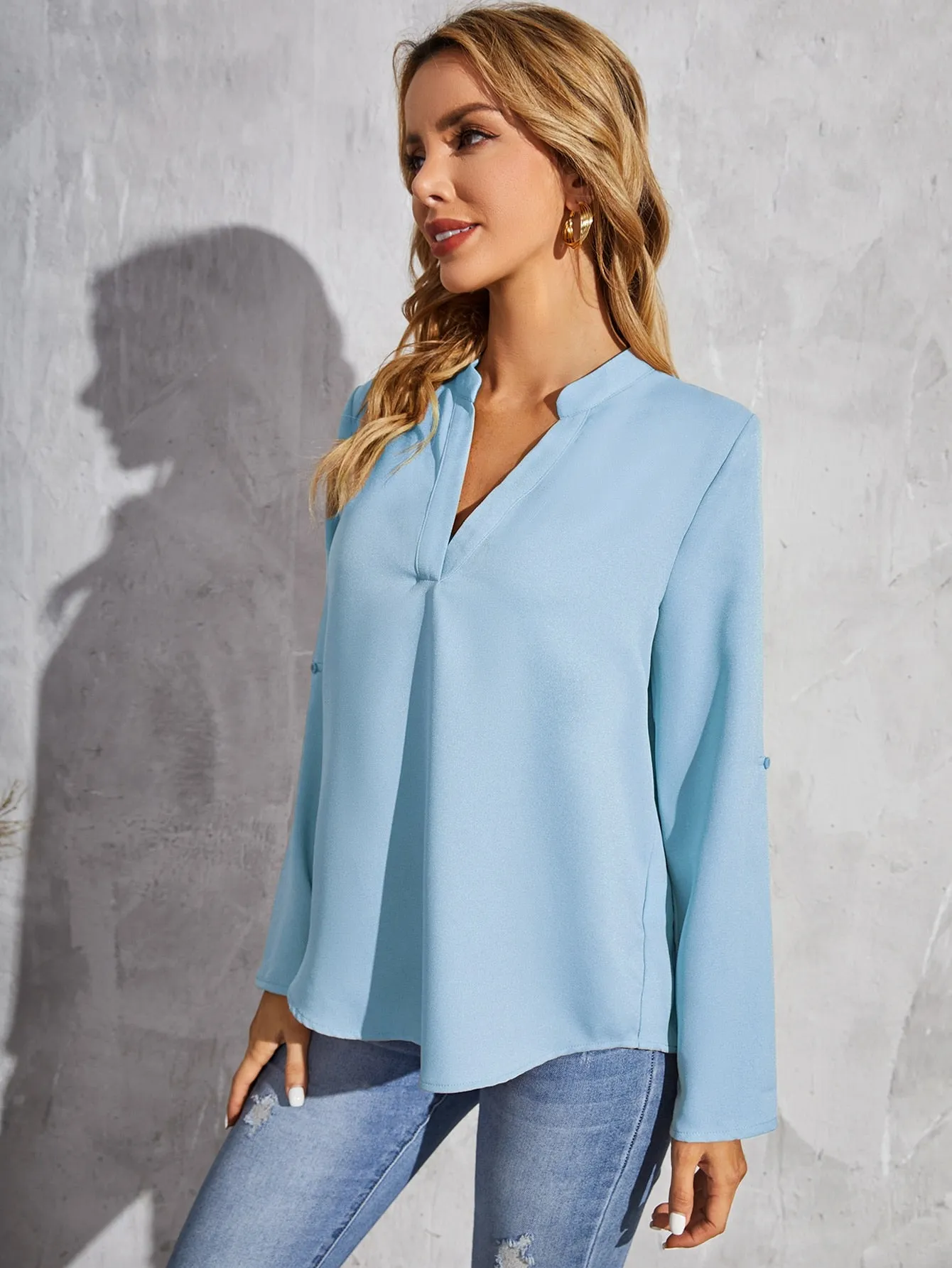 Roll Tab Sleeve Notched Neck Blouse