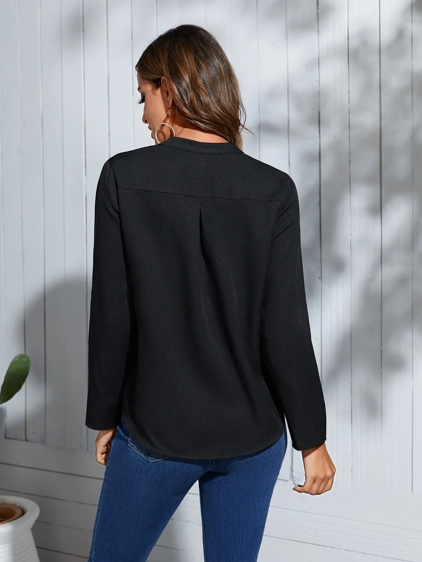 Roll Tab Sleeve Notched Neck Blouse