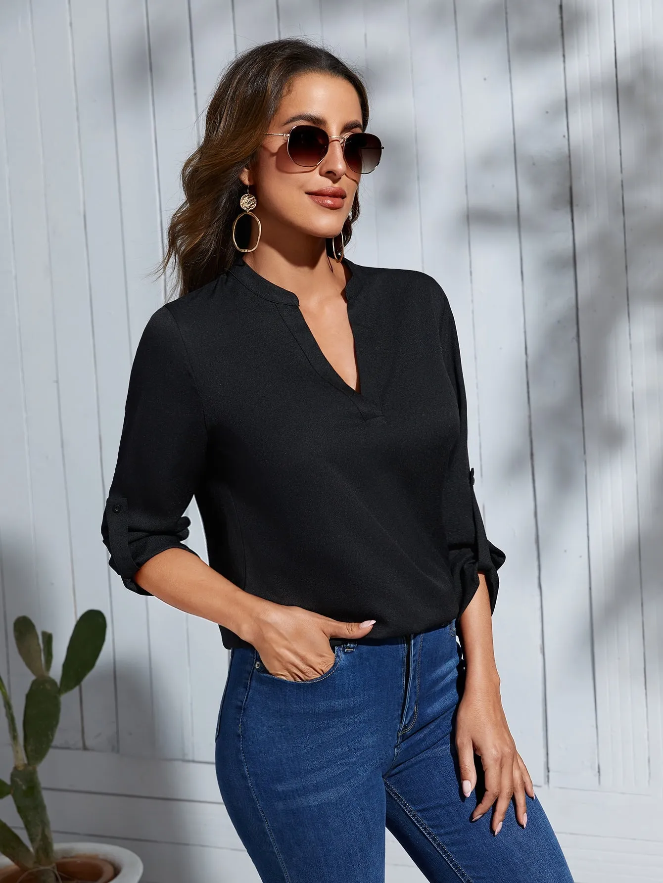 Roll Tab Sleeve Notched Neck Blouse