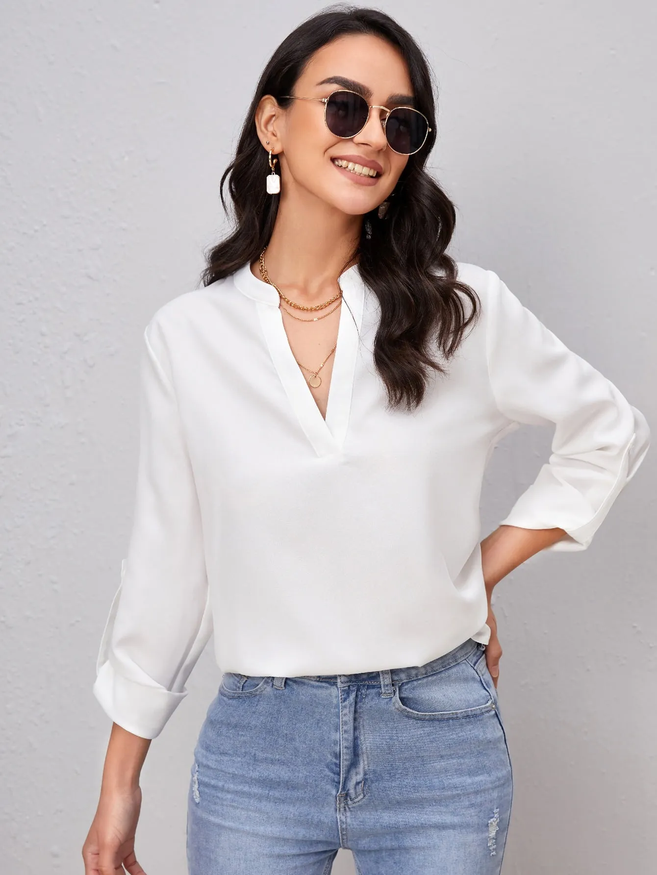 Roll Tab Sleeve Notched Neck Blouse
