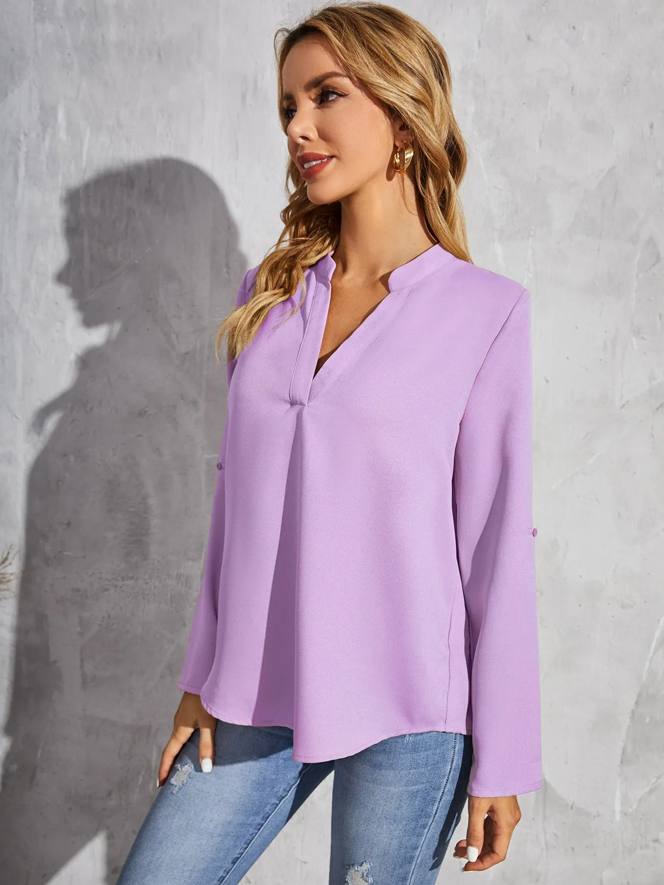 Roll Tab Sleeve Notched Neck Blouse