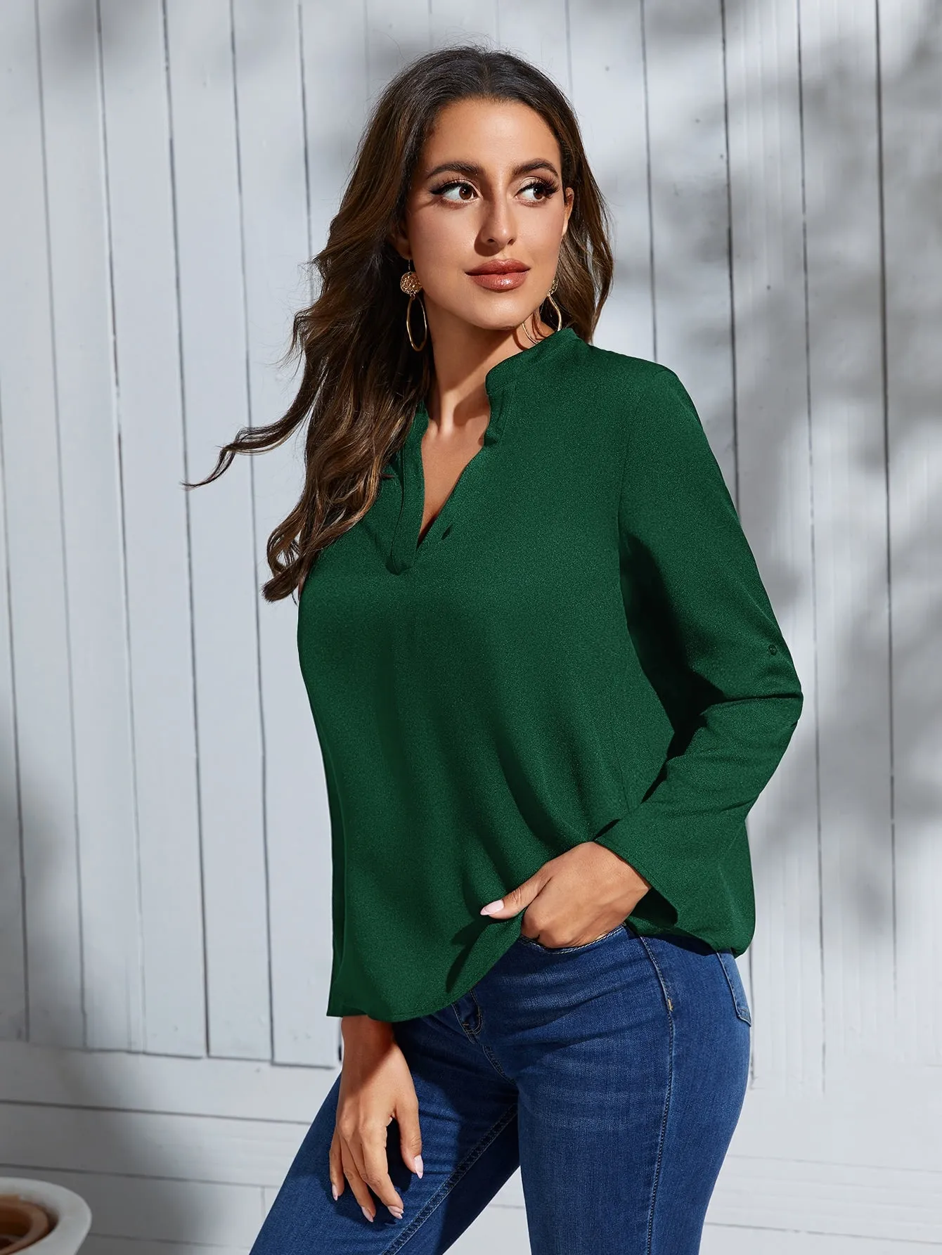 Roll Tab Sleeve Notched Neck Blouse
