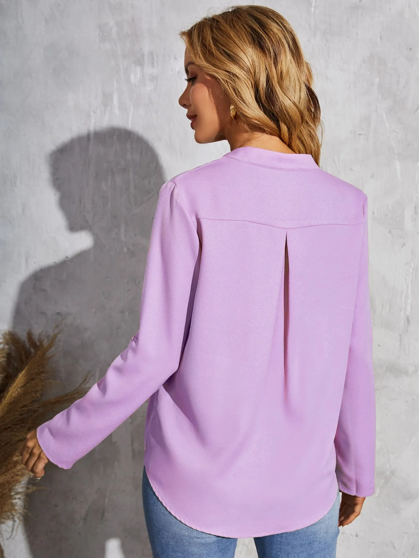 Roll Tab Sleeve Notched Neck Blouse