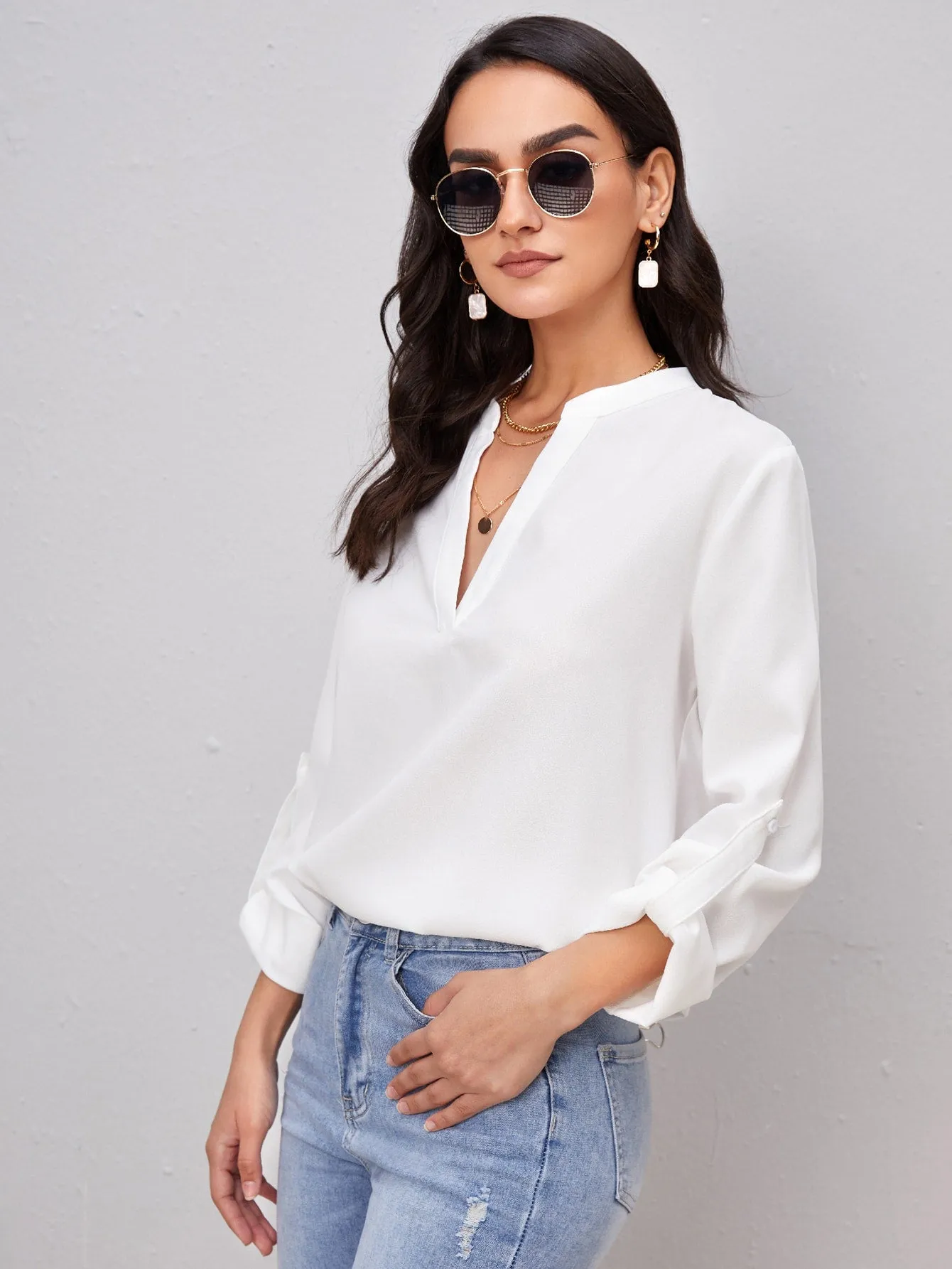 Roll Tab Sleeve Notched Neck Blouse
