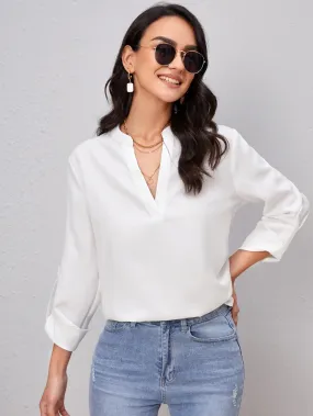 Roll Tab Sleeve Notched Neck Blouse