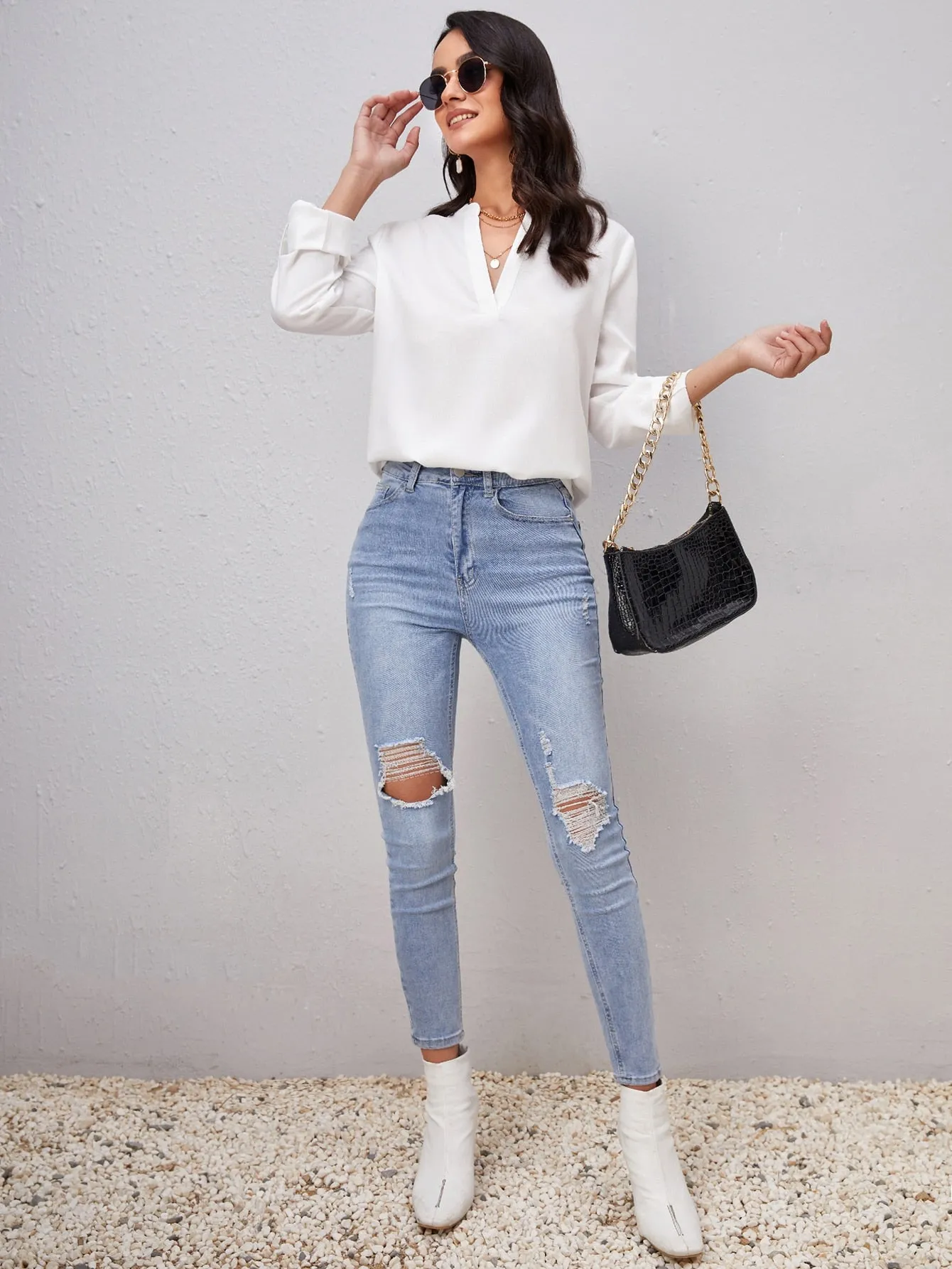 Roll Tab Sleeve Notched Neck Blouse