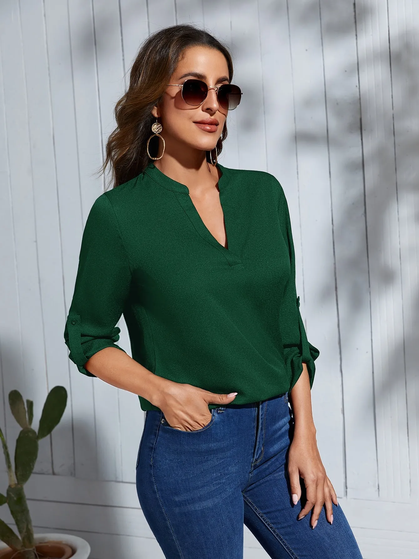 Roll Tab Sleeve Notched Neck Blouse