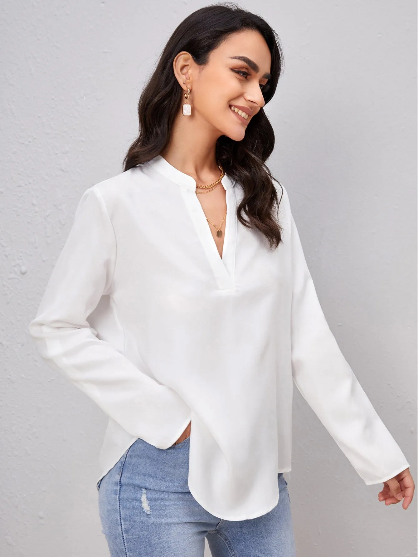 Roll Tab Sleeve Notched Neck Blouse