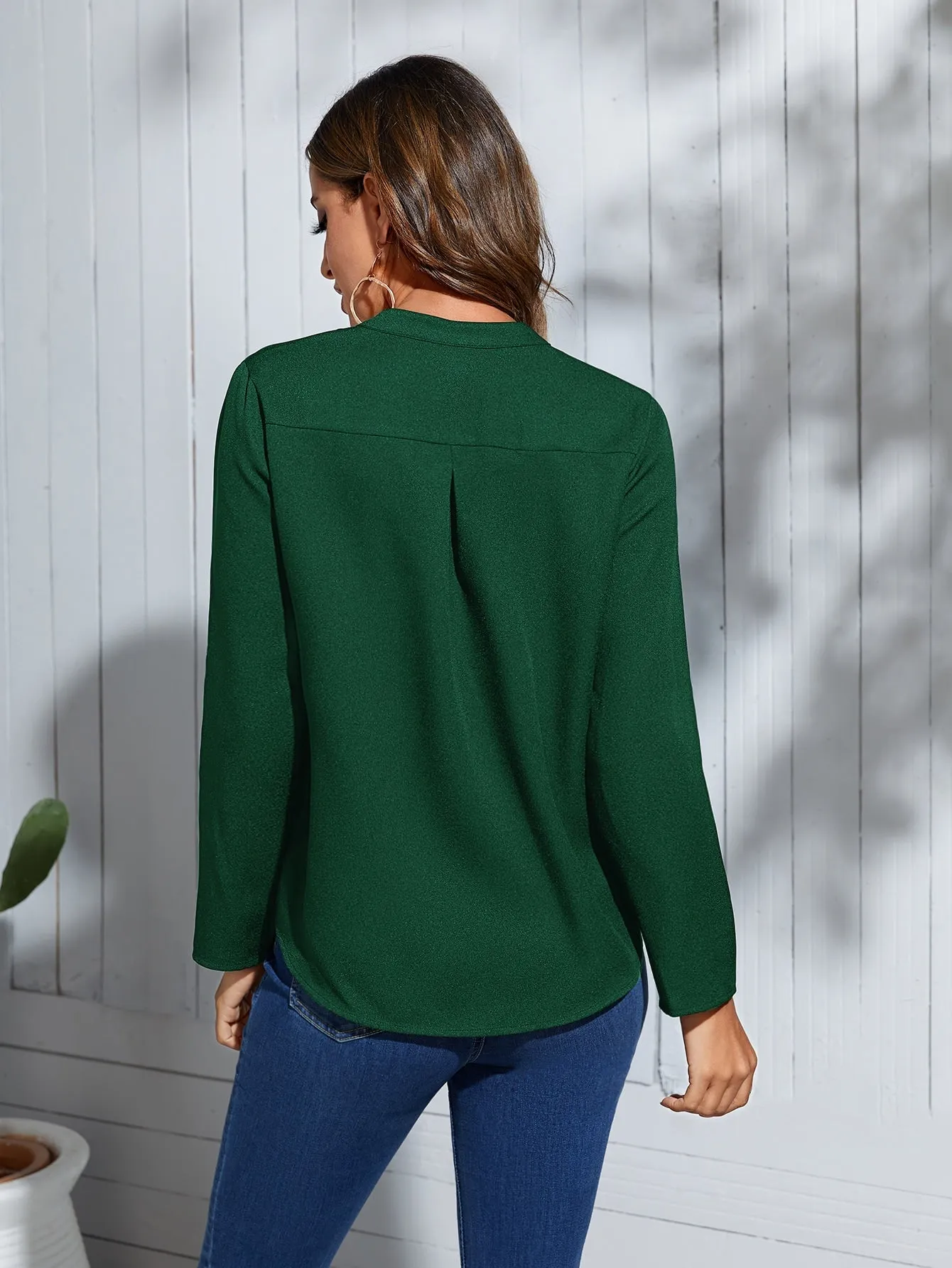 Roll Tab Sleeve Notched Neck Blouse
