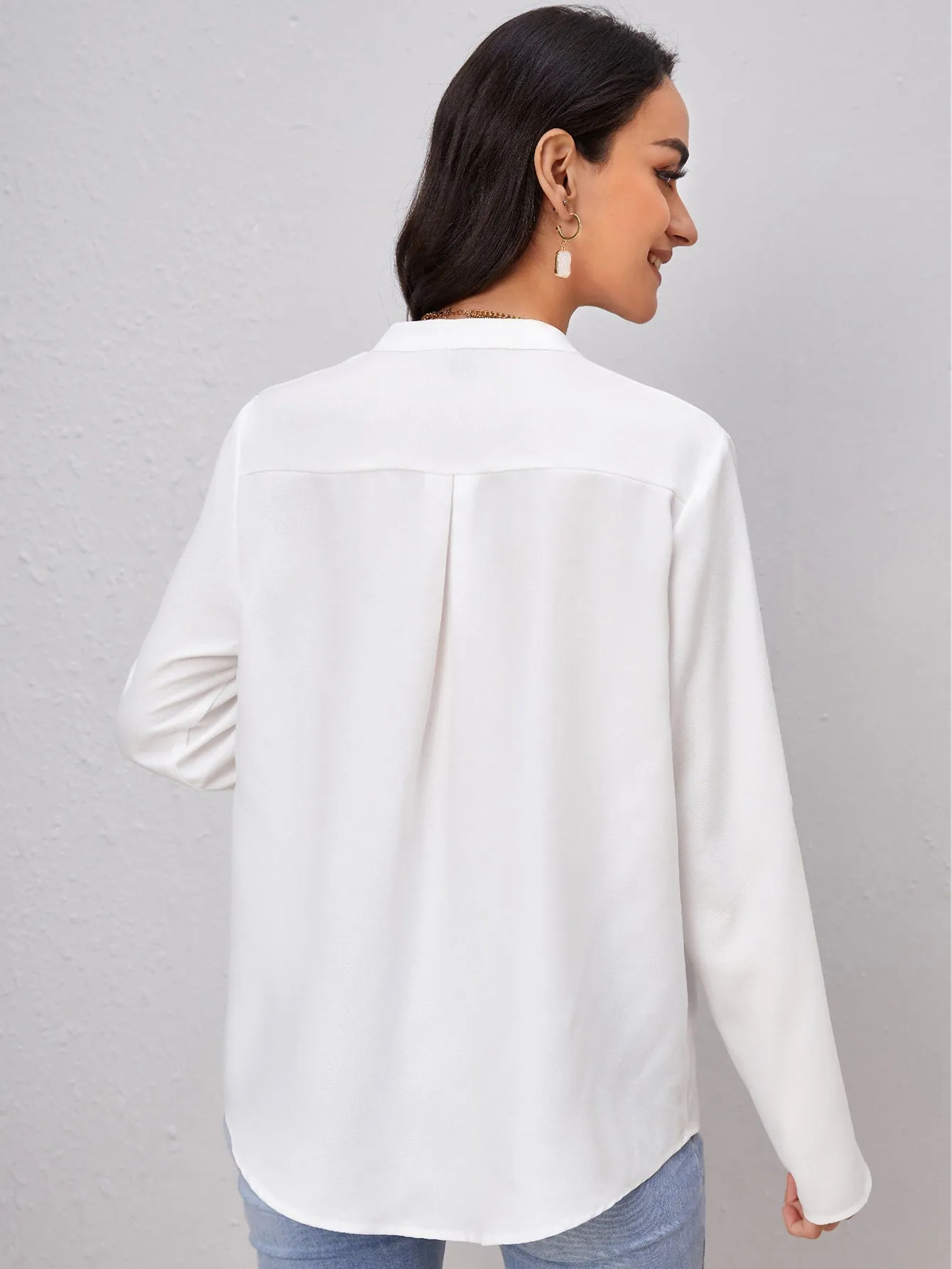 Roll Tab Sleeve Notched Neck Blouse