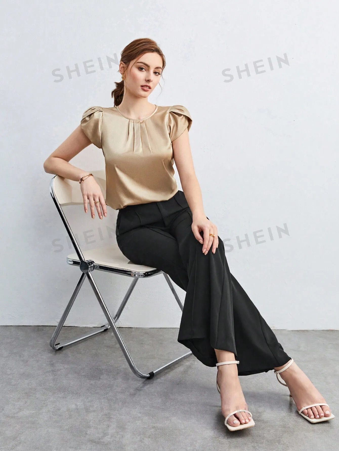 SHEIN BIZwear Solid Color Satin Round Neck Petal Sleeve Women's Work Shirt