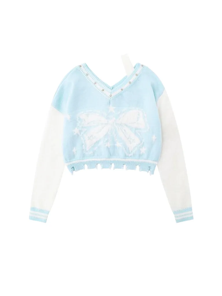 Short Ribbon V-Neck American Colorblock Knit Star