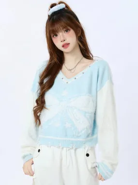 Short Ribbon V-Neck American Colorblock Knit Star